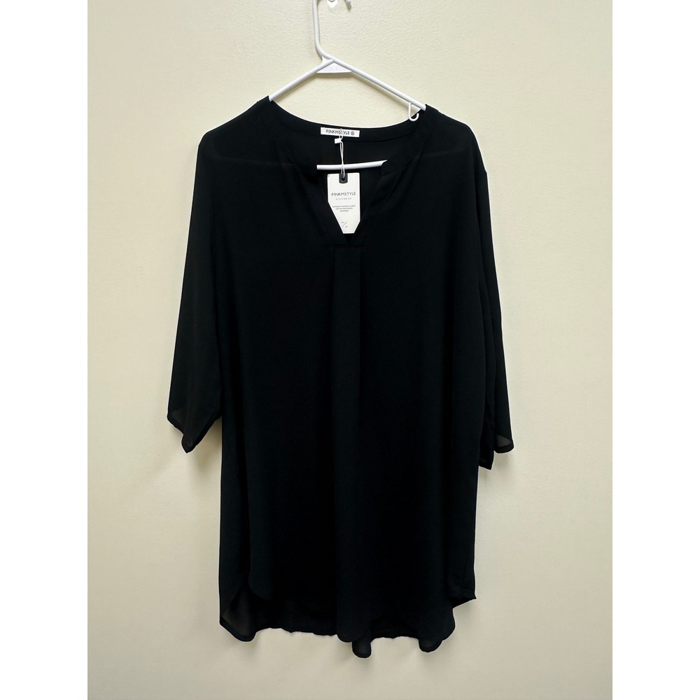 Pinkmstyle Black Chiffon Tunic Blouse Split V-Neck 3/4 Sleeve XL NWT